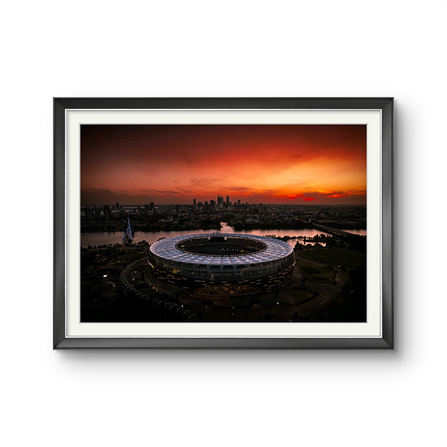 Burning Horizons - Aerial Sunset Over Optus Stadium - Framed Print-Gilham-Martin Studio